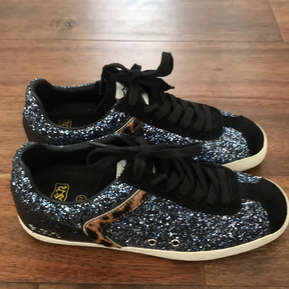 Ash black suede glitter and leopard sneakers.